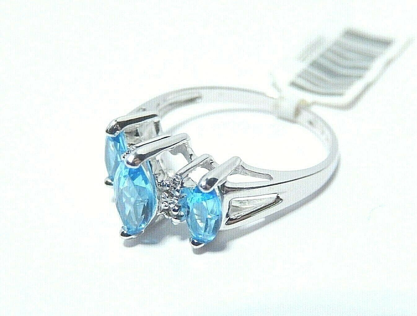 14K WHITE GOLD MARQUISE CUT BLUE TOPAZ AND DIAMONDS 1CT RING SIZE 7