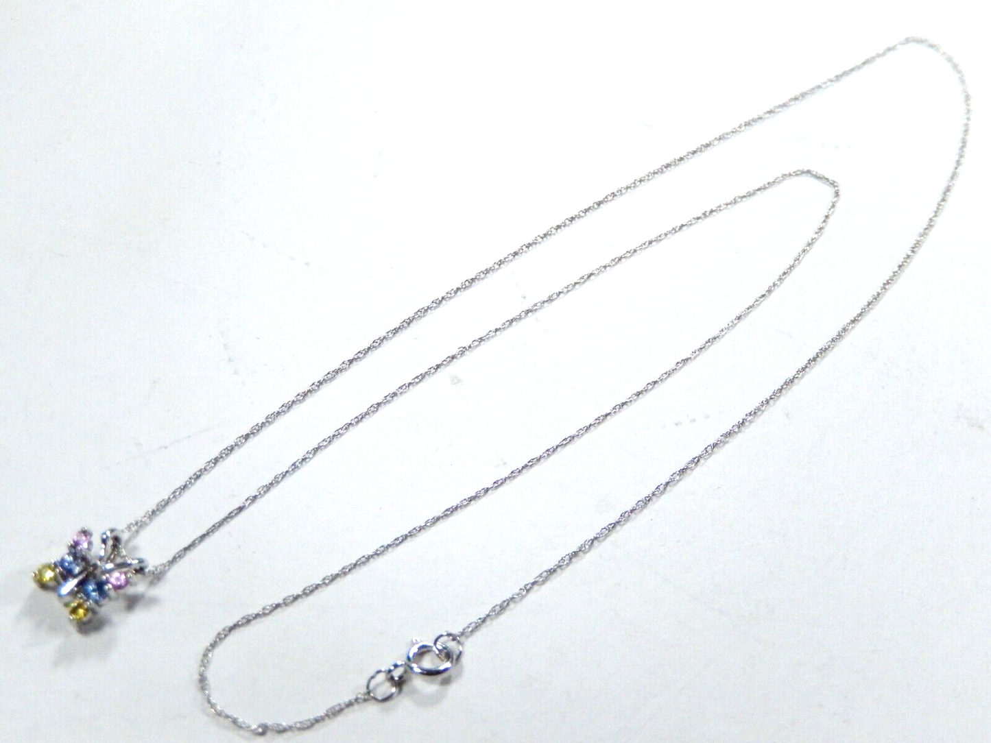 14K White Gold Multi Color Topaz Butterfly Pendant with/19"10K WG Chain