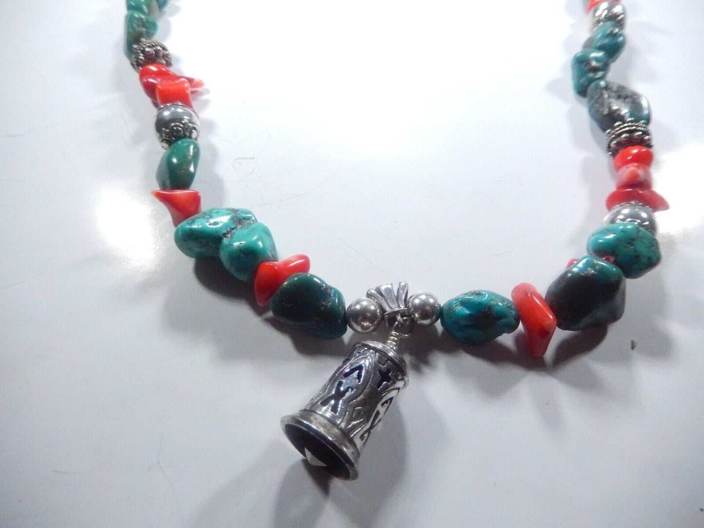*VINTAGE* 27" Chunky Southwest Sterling Turquoise & Coral Beaded Necklace