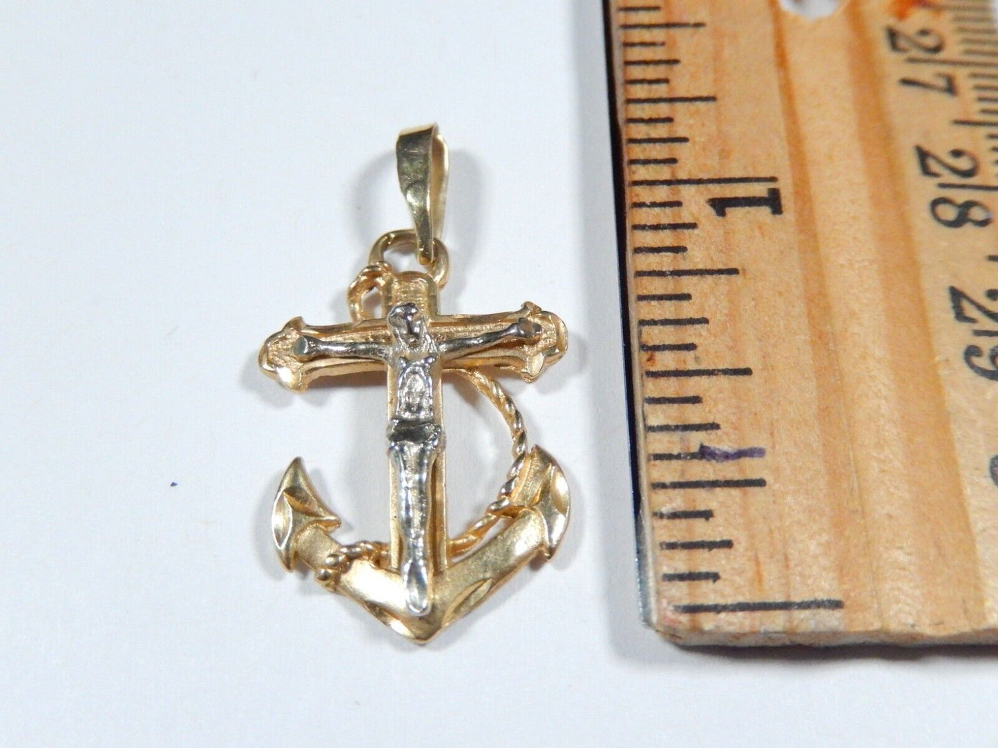 14k Real Yellow Gold Religion Jesus Christ Crucifix Mariner Anchor Pendant