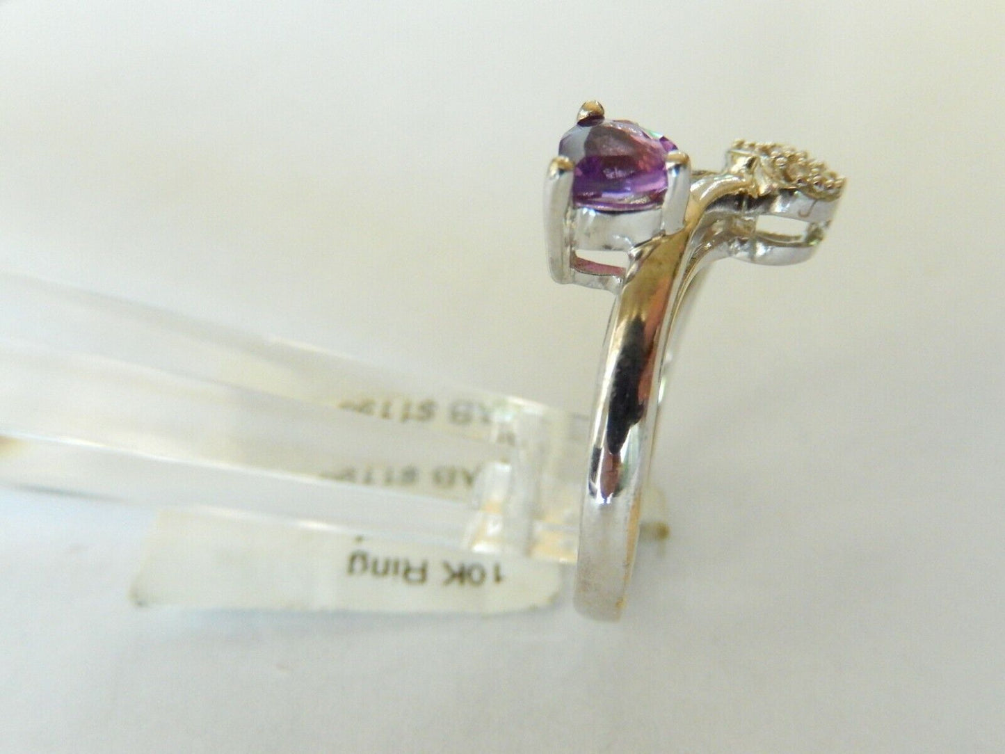 *NWT* 10k White Gold Ladies Heart Amethyst & Heart Diamond Bypass Ring Sz 7.25