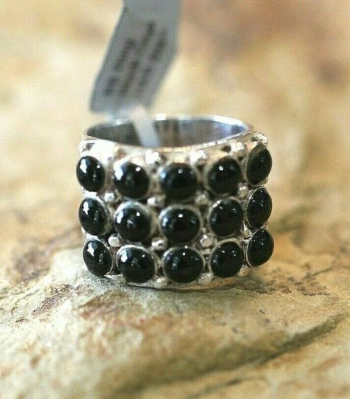 *VINTAGE* HEAVY LARGE  BLACK ONYX STERLING SILVER 15MM WIDE BAND RING SIZE 7.75