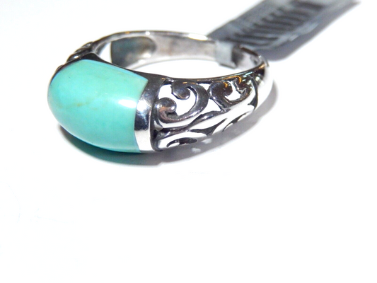 *VINTAGE*  Scroll Design Sterling Silver Inlay Turquoise Ring Size 8