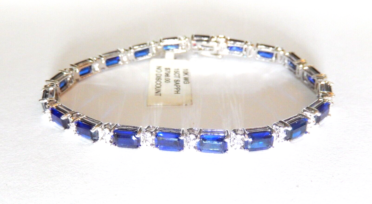 *NWT* 10K White Gold  15.0 CT Sapphire and Diamond Statement 7" Bracelet