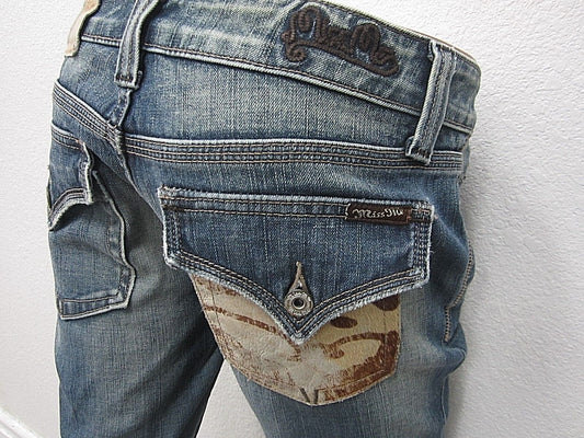 NEAR MINT MISS ME~COWHIDE FLAP POCKET BOOT JEANS JP4530~28 X 33~EUC