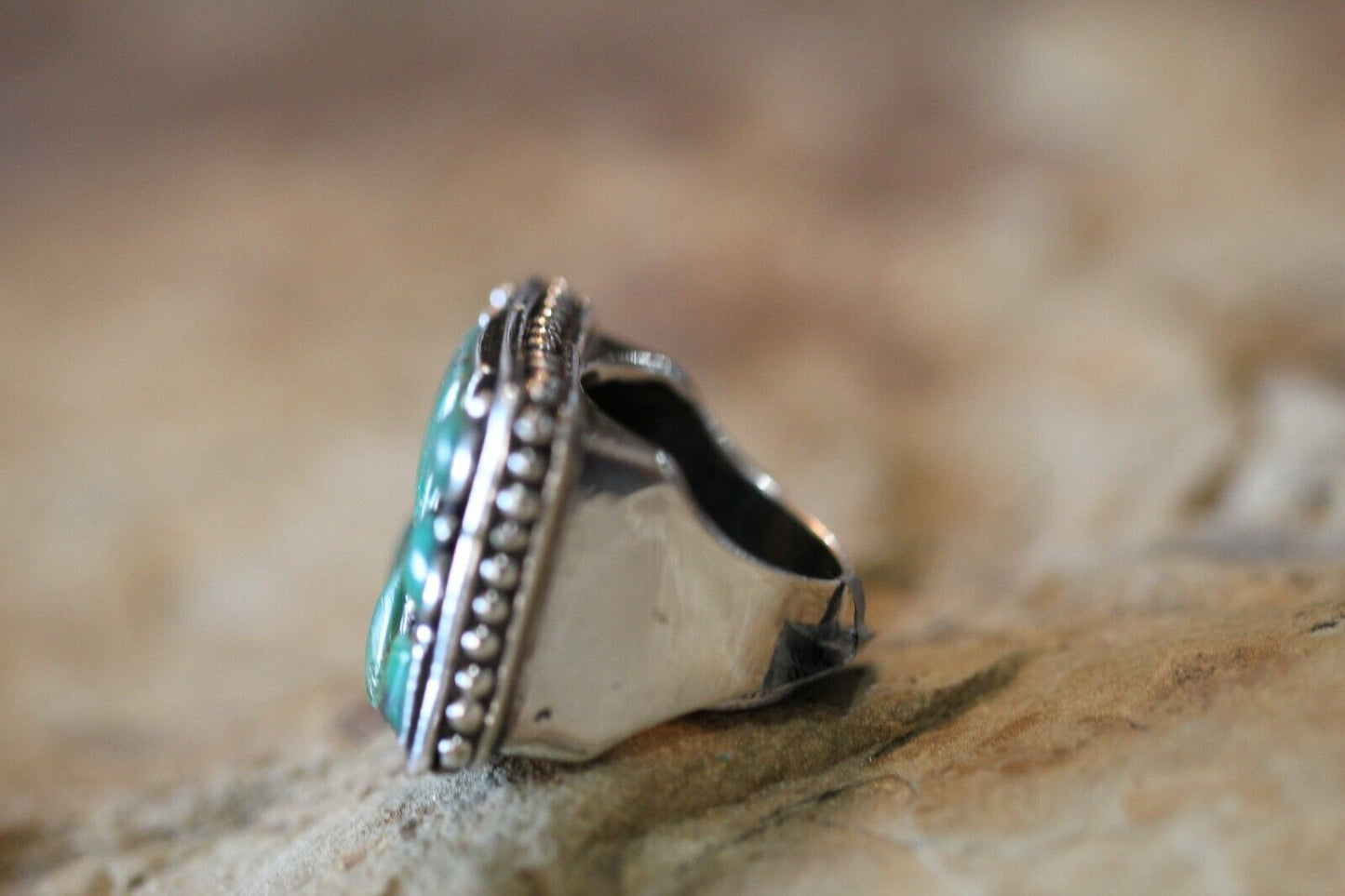 *VINTAGE*  Native American HUGE Sterling Silver Green Turquoise Ring Size 6.5