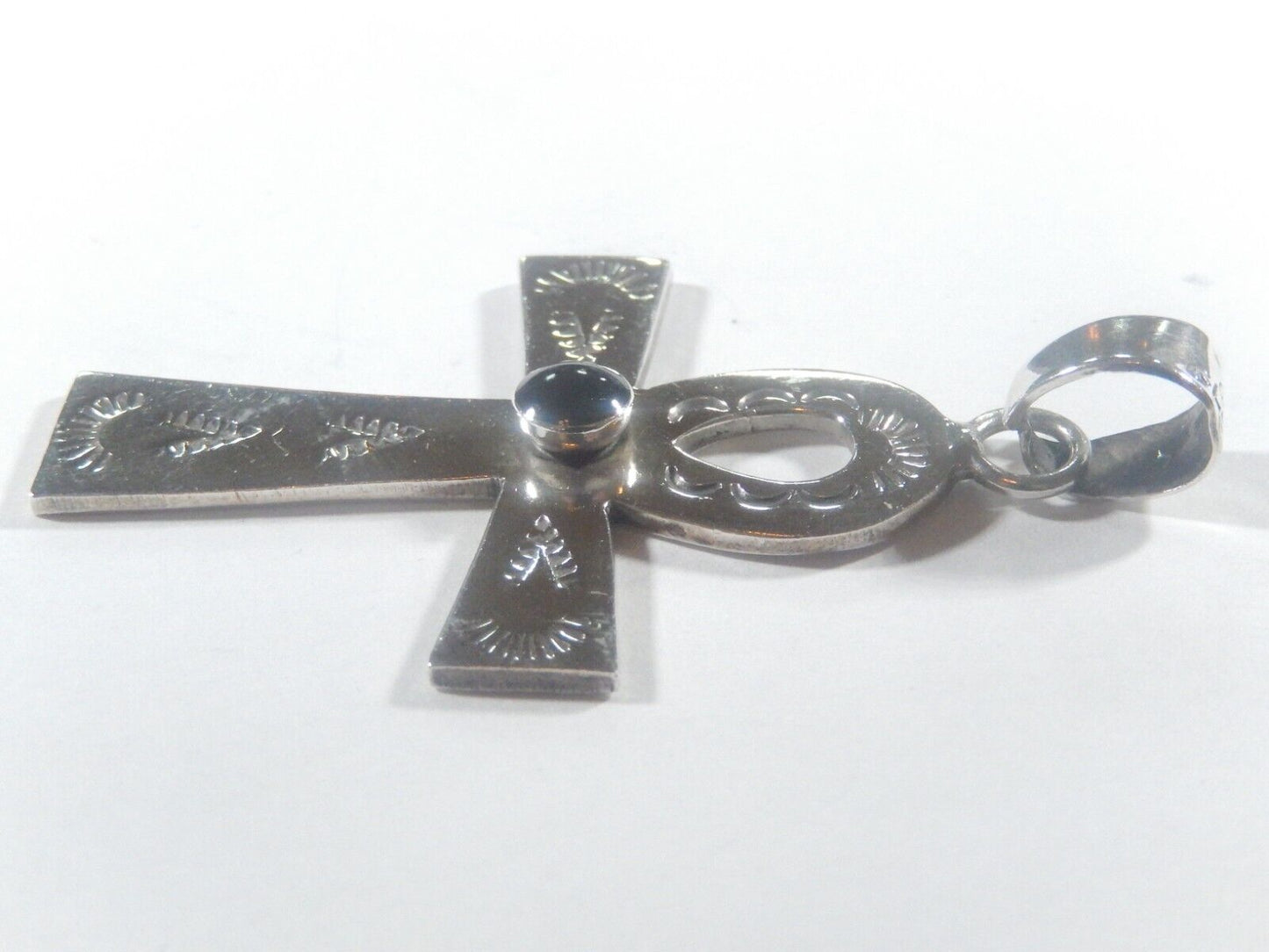 *VINTAGE*  LARGE  Mexico Taxco .925 Sterling Silver Black Onyx Cross Pendant