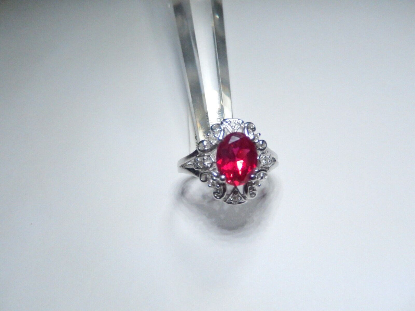 *NWT* 10k White Gold Lab Created 2.00 CT Oval Ruby and Diamond Halo Ring Sz 6.5