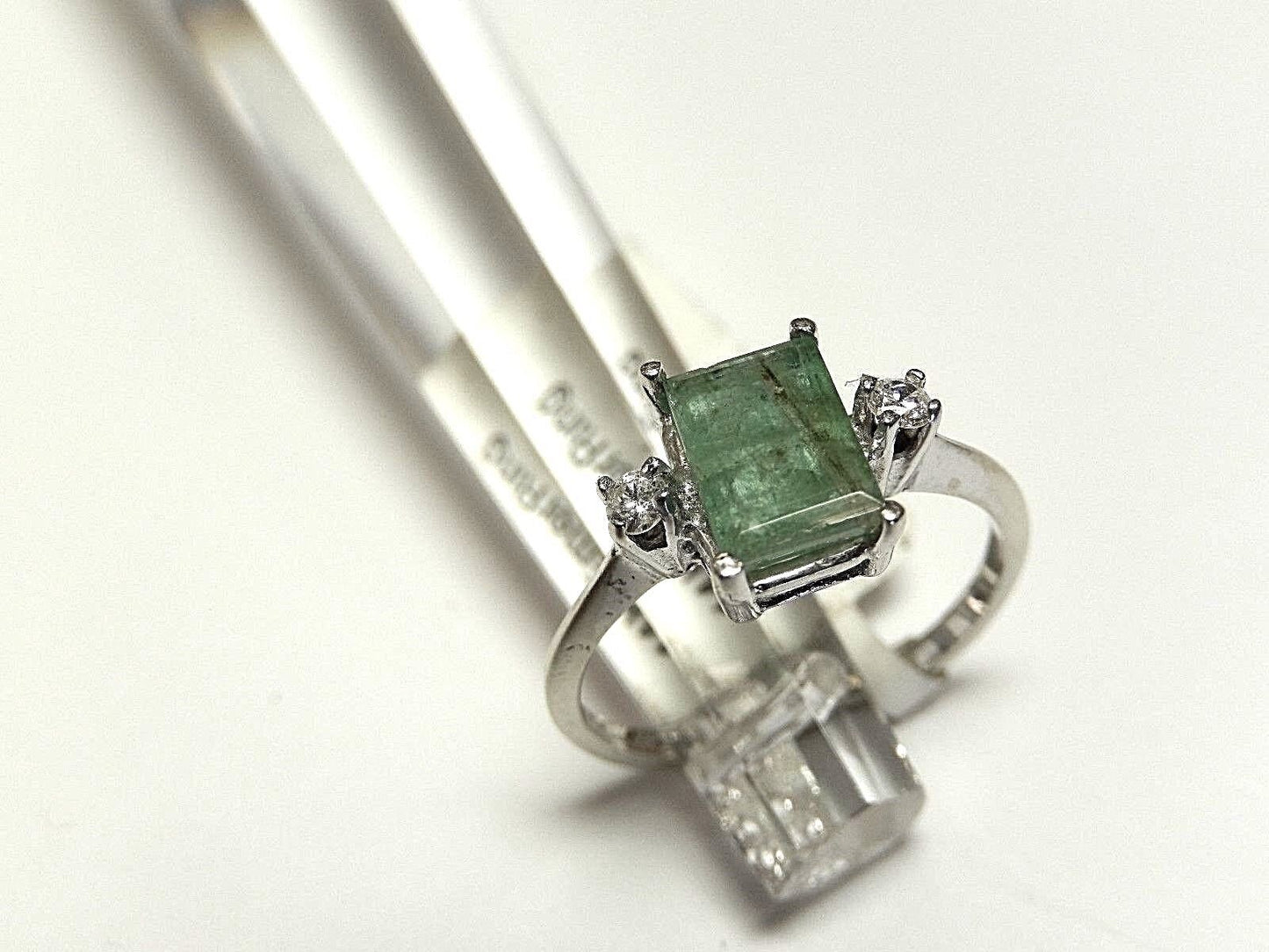 Natural .50ct Emerald Solitaire Ring with Two Diamonds 14K White Gold Size 6.75