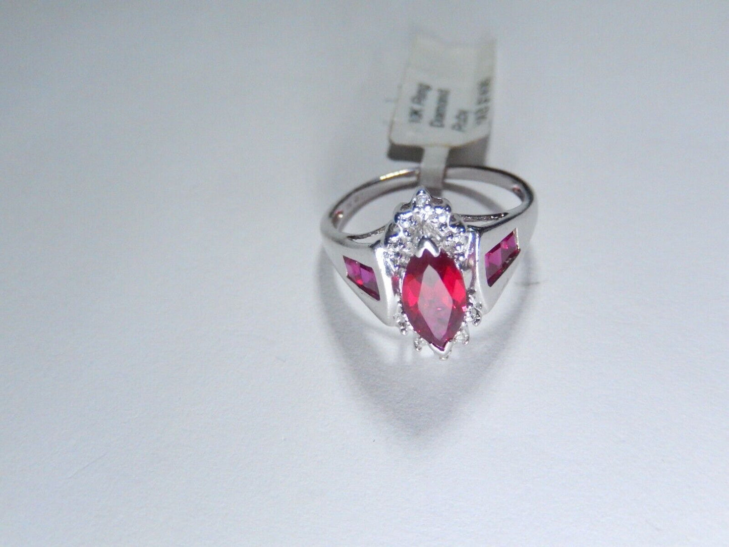 *NWT* 10k White Gold Lab Created Marquise Ruby And Diamond Ring Sz 8