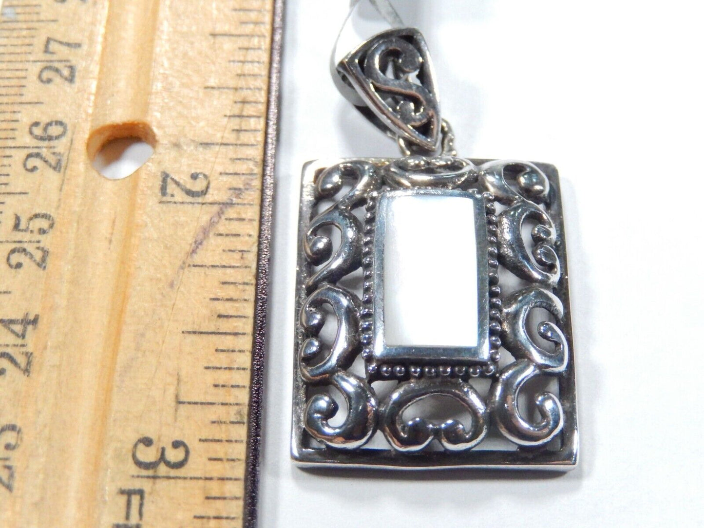 *VINTAGE* Sterling Silver Rectangle White MOP Filigree Openwork Pendant
