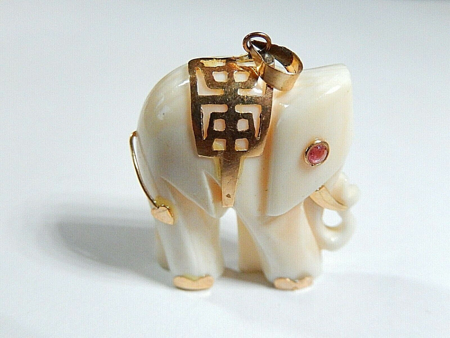 *VINTAGE*  14k Gold Hand Carved Elephant Pendant with Ruby Eye