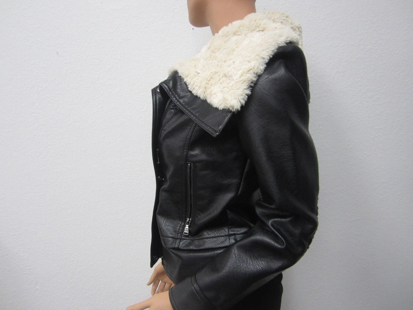 NICE Guess Fur Collar Leather Black Coat Size Medium
