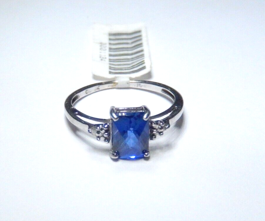 *VINTAGE* 10k White Gold Lab Created Checkerboard Cut Sapphire &Diamond Ring 5.5