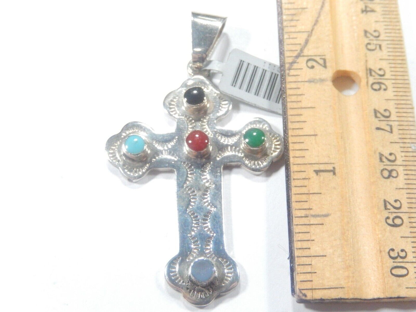 *VINTAGE*  LARGE Mexico Sterling Silver Multi Gem Cross Pendant