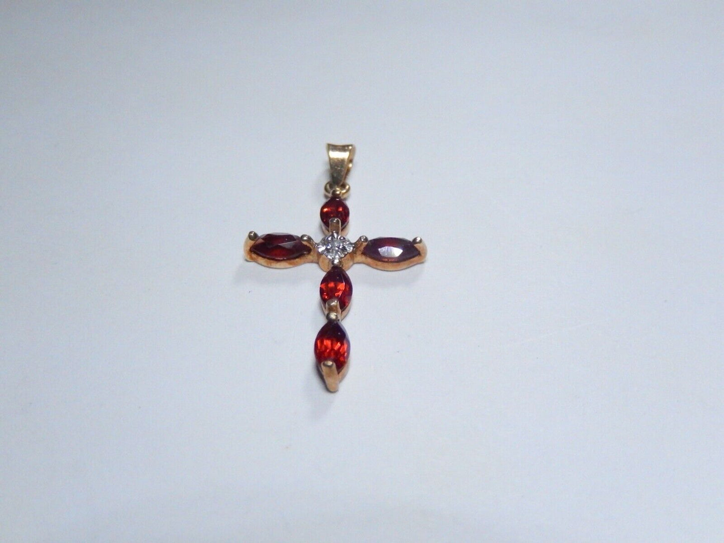 *VINTAGE*  10K Yellow Gold Garnet and Diamond Cross Pendant 1.25" Tall