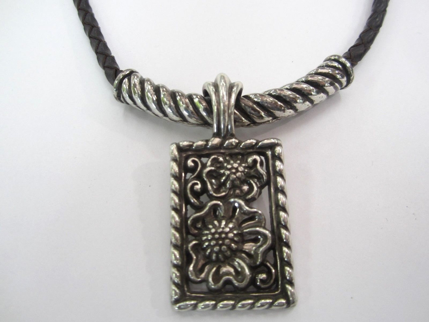 RETIRED Brighton Brown Braided Leather Cord Necklace with Large Silver Pendant