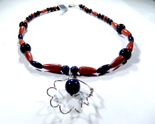 *VINTAGE*   16" Goldstone Bead Necklace With Sterling Silver Pendant & Clasp