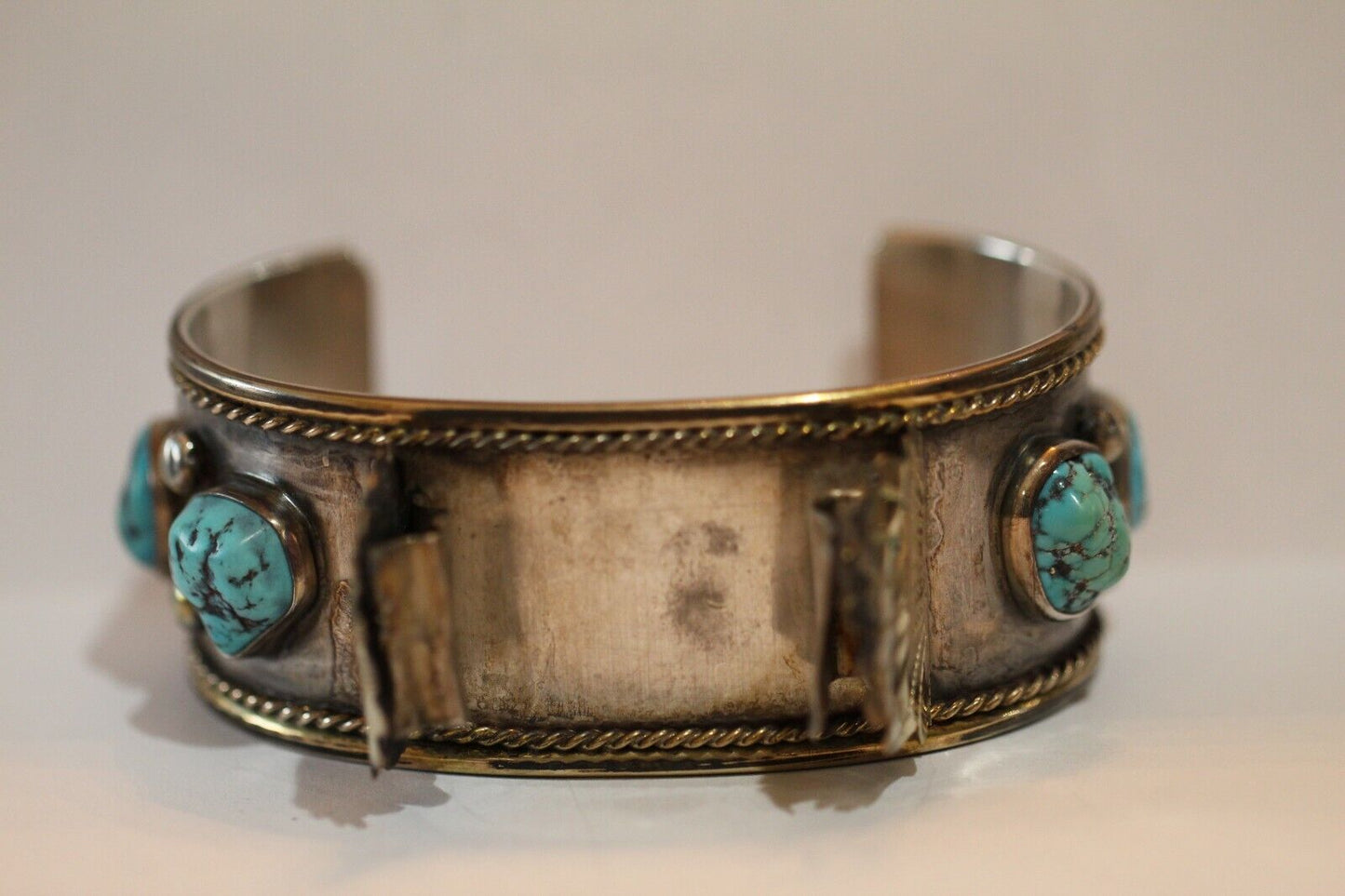 Native American Indian Turquoise Nuggets Sterling Silver Stamped Watch Bracelet