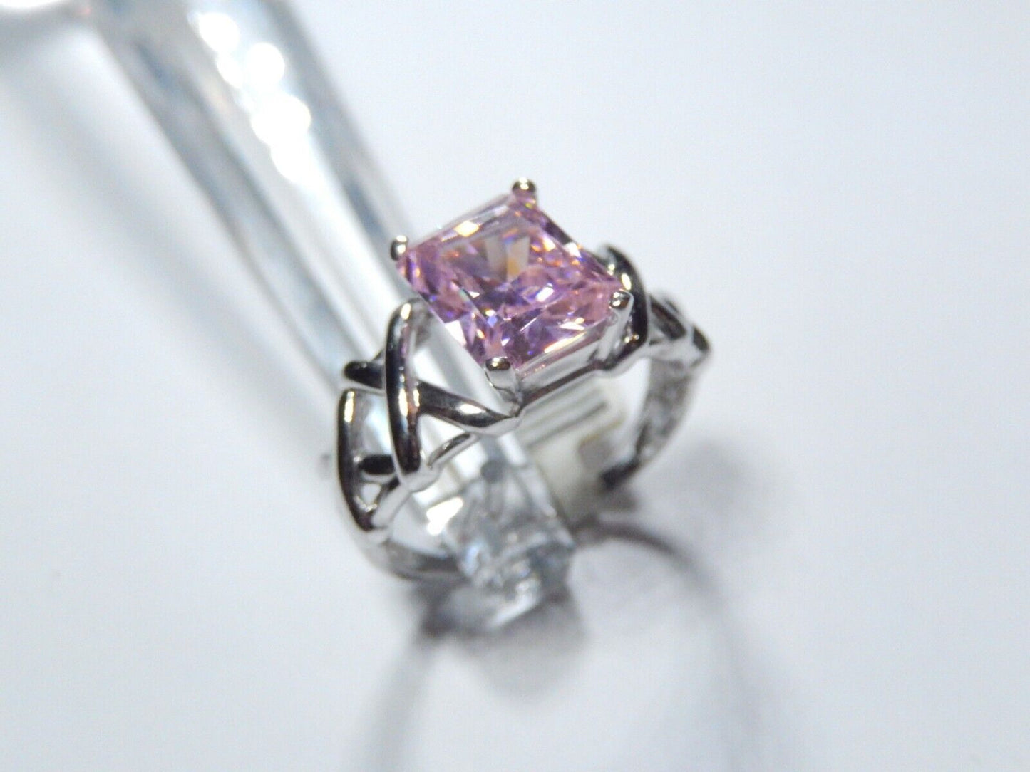 10K White Gold 3.00 CT  Pink CZ Emerald Cut Ring Size 9.25