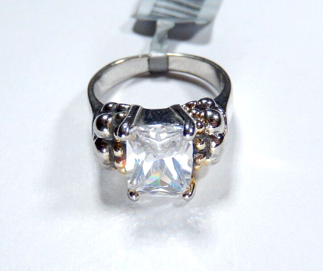 STERLING SILVER 2.50CT  EMERALD CUT CZ ARTISIAN BEAD BAND SOLITAIRE RING Sz 5