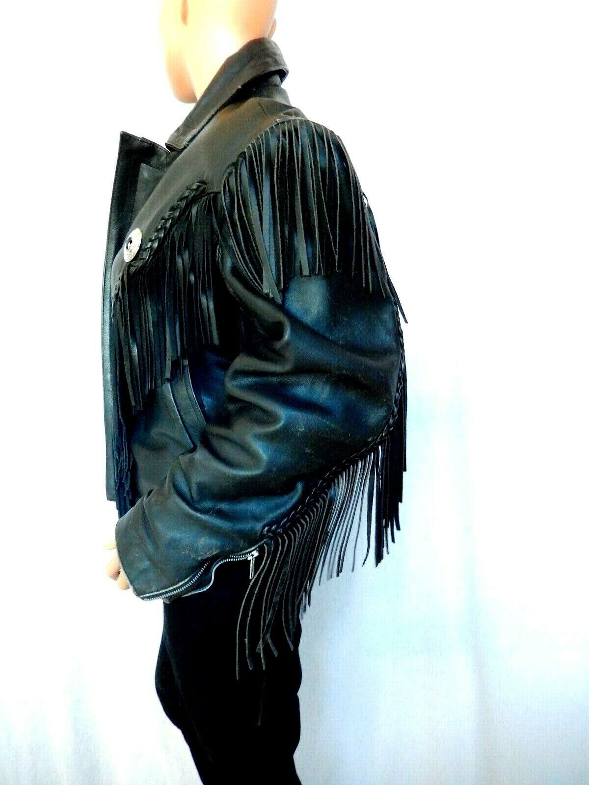 *VINTAGE* Mens Biker Motorcycle Black Heavy Leather Insulated Fringe Jacket Sz S