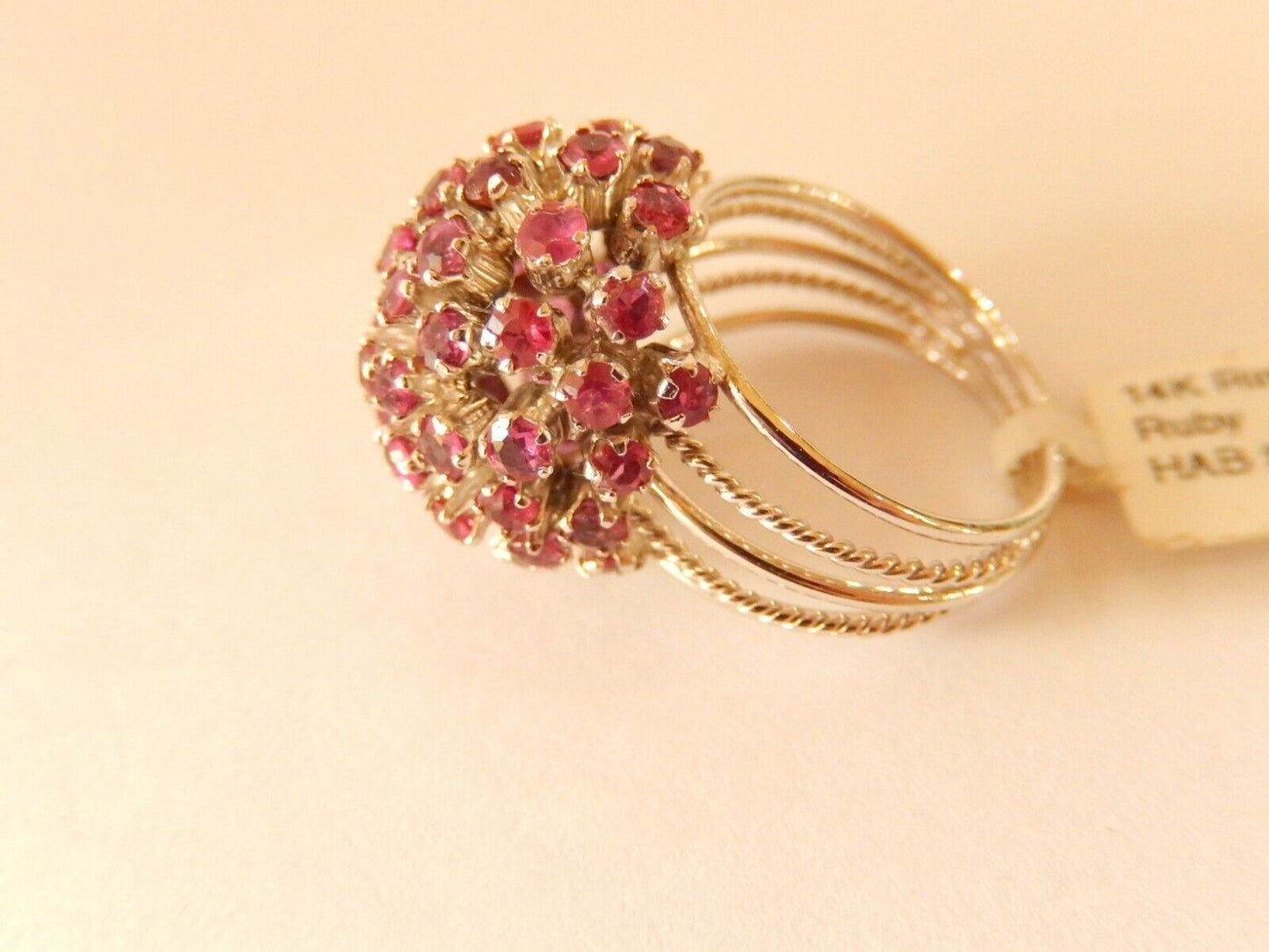 *VINTAGE*  LADIES 14KT WHITE GOLD LARGE RUBY CLUSTER STATEMENT RING SIZE 8