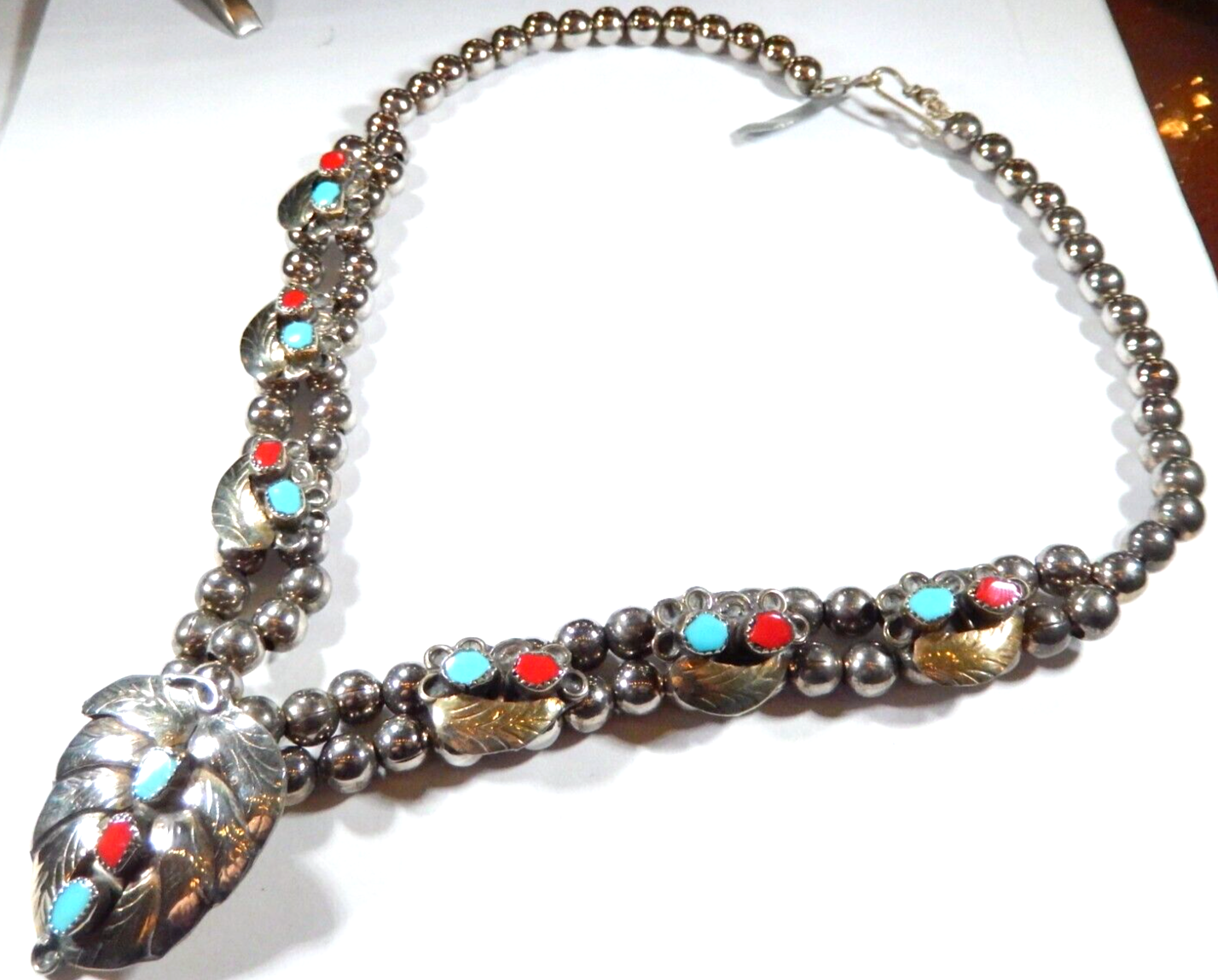 Native American Sterling Silver Turquoise Coral Leaf Beaded 2 Row Necklace 128gm