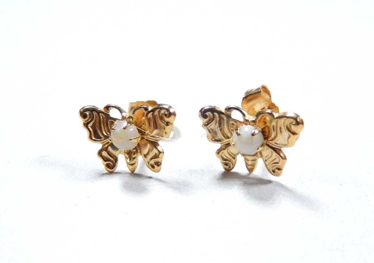 14K Yellow Gold Cute Butterfly OPAL Cabochon Stud Earrings