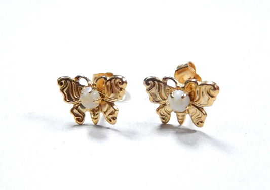 14K Yellow Gold Cute Butterfly OPAL Cabochon Stud Earrings