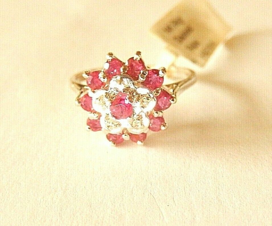 *NWT* 14k White Gold .66CT Diamond & Ruby Three Tier  Cluster Ring Size 6.5