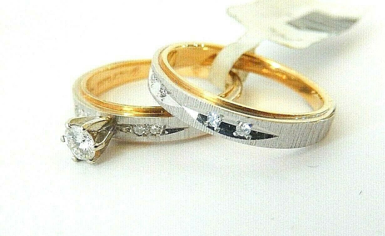 14K Two Tone Gold Diamond Bridal Set Engagement Ring Wedding Band Sz 5.25