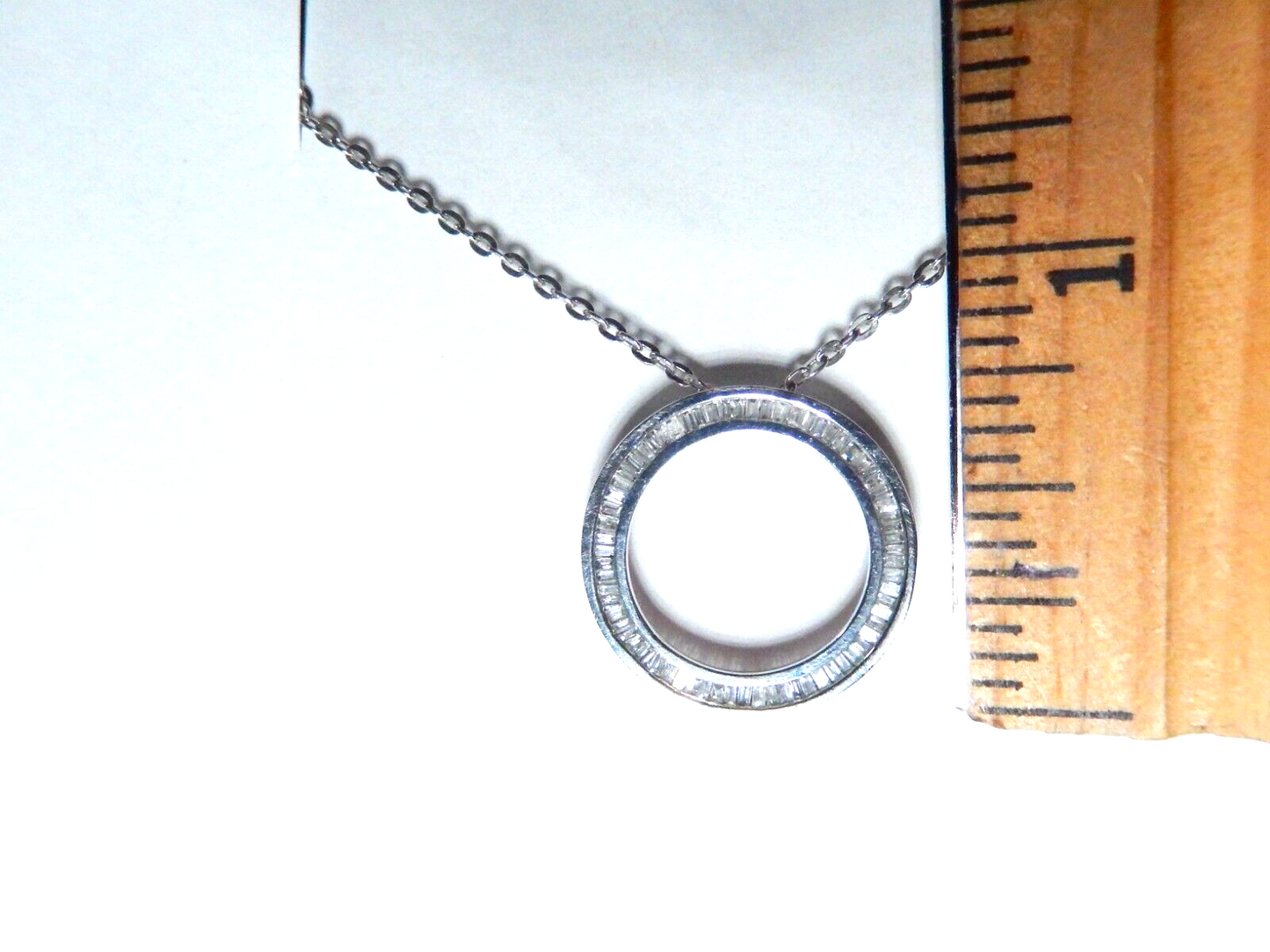 10K WHITE GOLD .33CT BAGUETTE DIAMOND  CIRCLE OF LOVE PENDANT  w/ 18" Chain