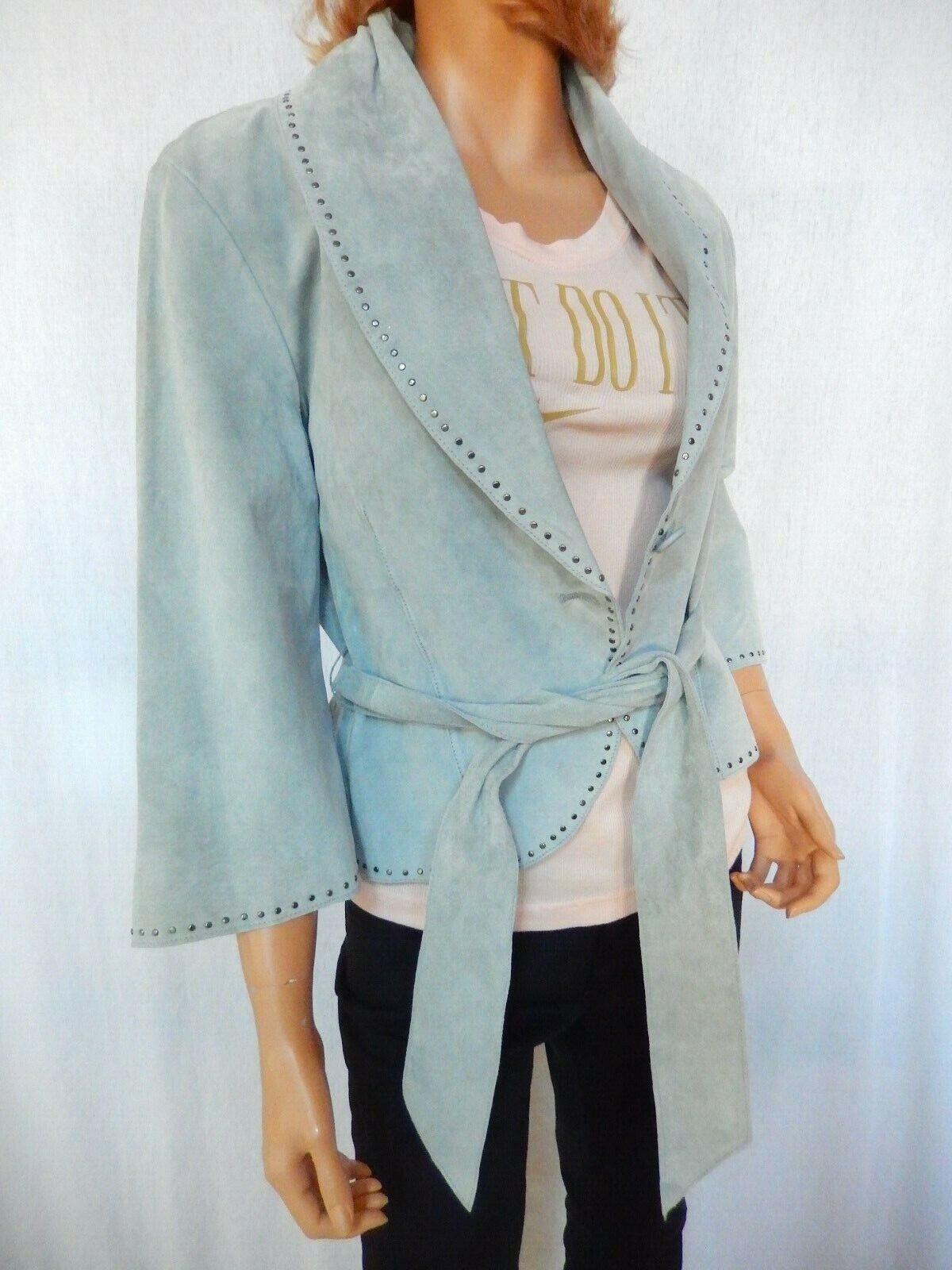 NWT $268 KAREN KANE Lt Blue Suede Serenity Dropped Collar Designer Jacket Sz M