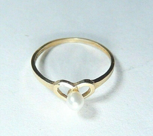 Babies Childs Toddler 14k Yellow Gold 3mm Pearl Solitaire Heart Ring Size 3.25
