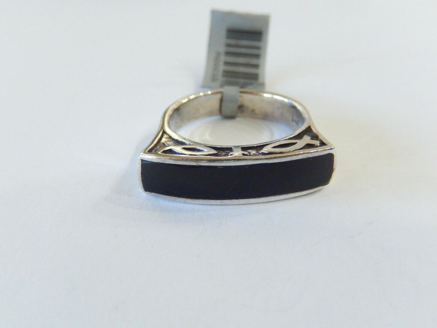 *VINTAGE*  Black Onyx Sterling Silver Ichthus Christian Fish Ring Sz 8