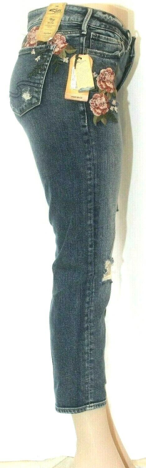 *NWT*  $89 Womens SILVER JEANS  MAZY SLIM CROP EMBROIDERED Distressed W28 x L25