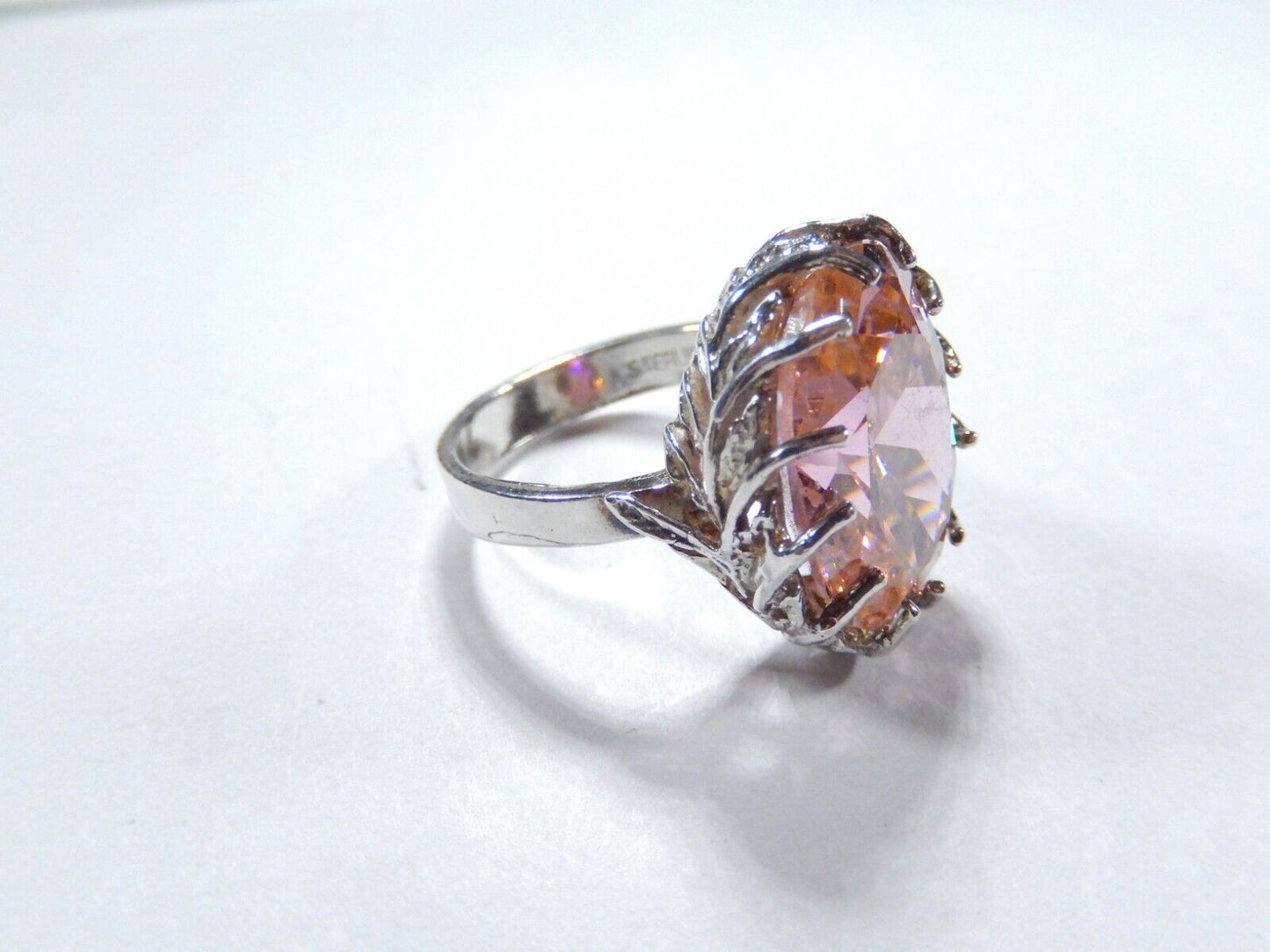 HUGE-  .925 Sterling Silver 13.0 CT Statement Ring Pink CZ Cocktail Ring sz 8