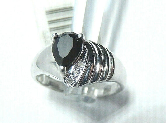 *NWT* 14k White Gold Ladies Faceted Pear Shape Black Onyx & Diamond Ring Size 7