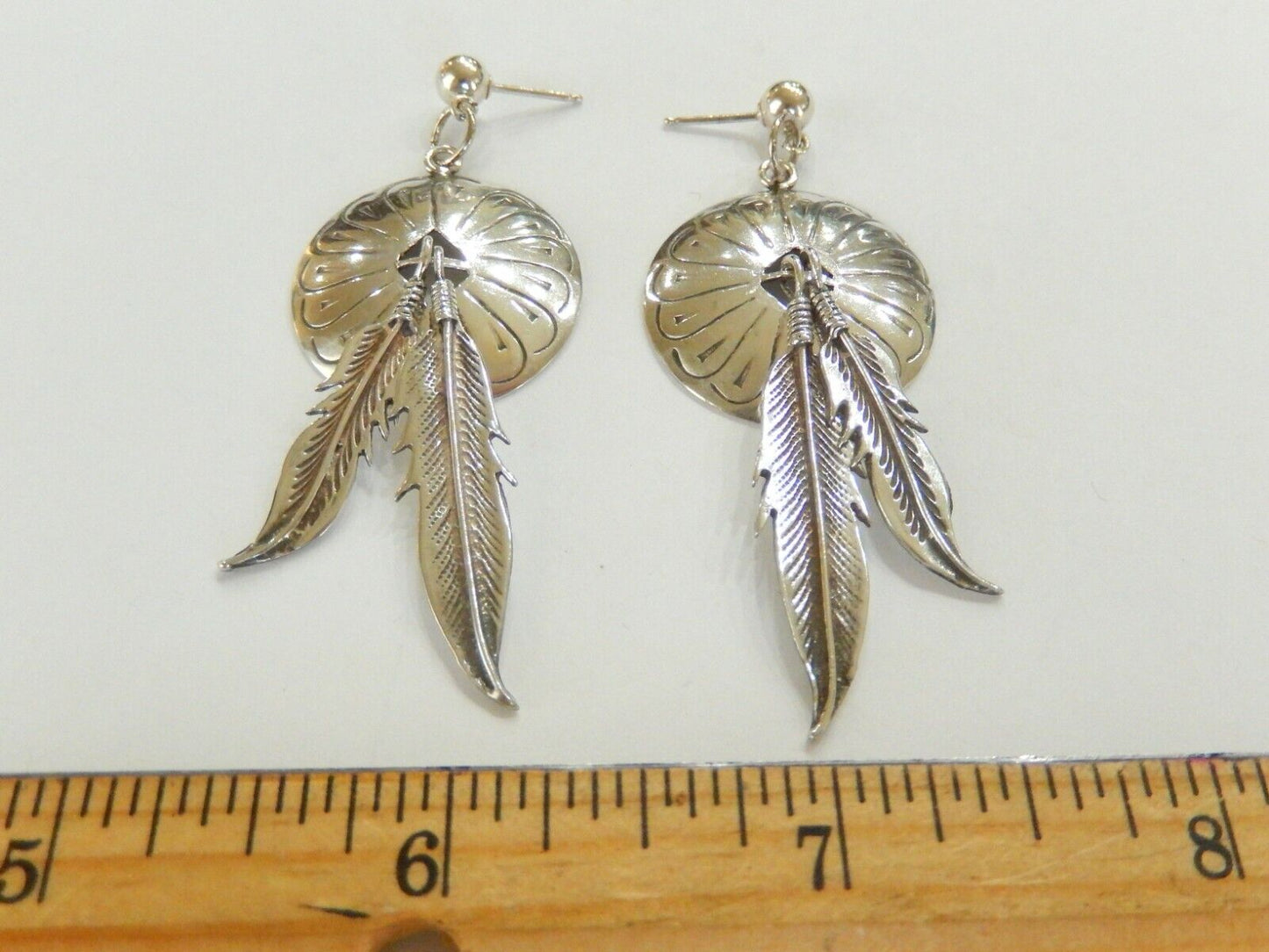 *VINTAGE* Native American Sterling  Concho Pierced Feather Dangle Earrings 2 5/8