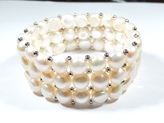 WIDE - Sterling Silver Bead Tripple Row 7.5mm Button Pearl Bracelet 1" Wide