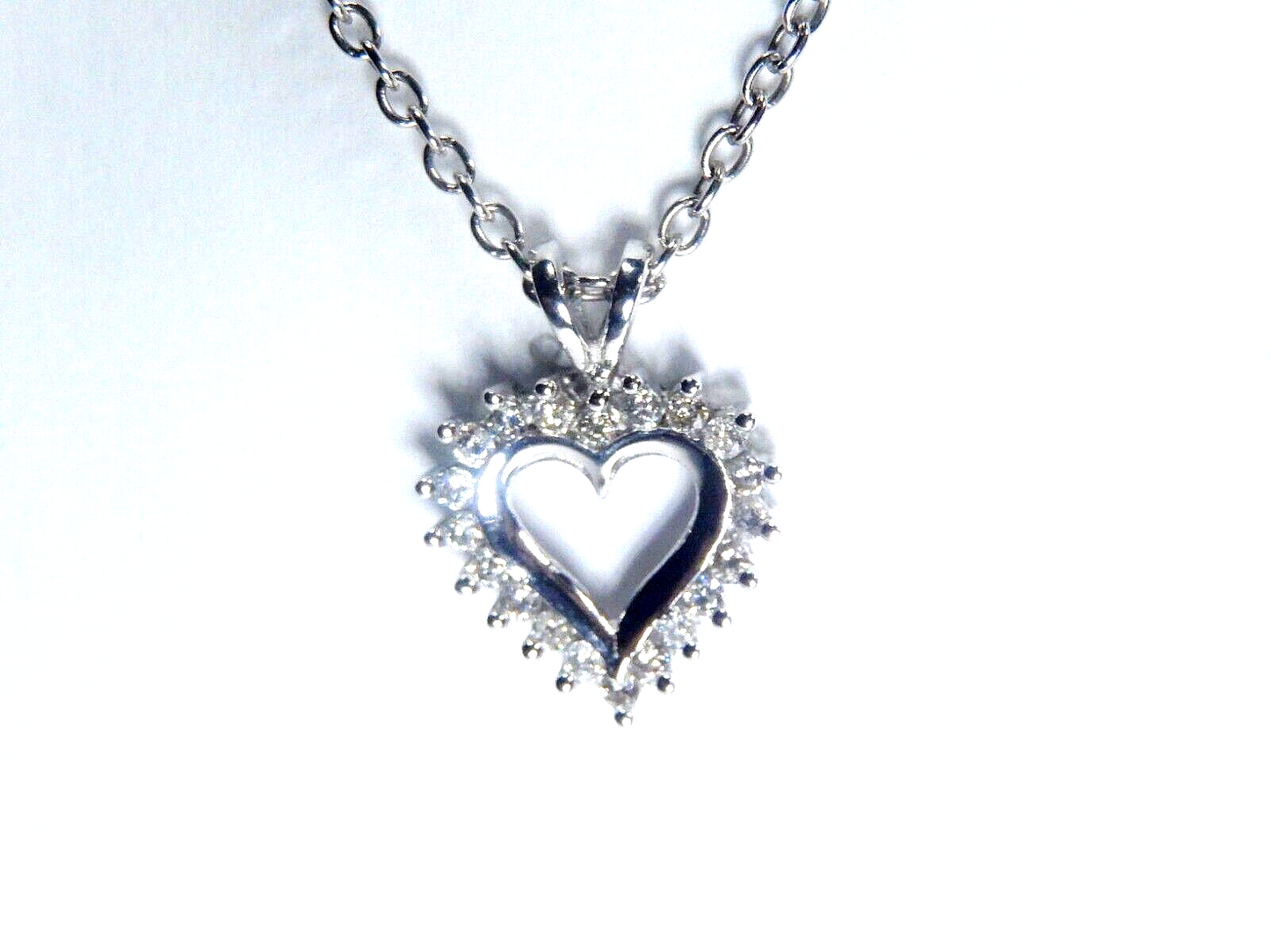 14K White Gold .25 CT Natural Diamond Open Heart Pendant w/18" chain
