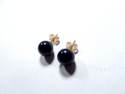 14K Yellow Gold 8mm Round Bead Black Onyx Solitaire Earrings