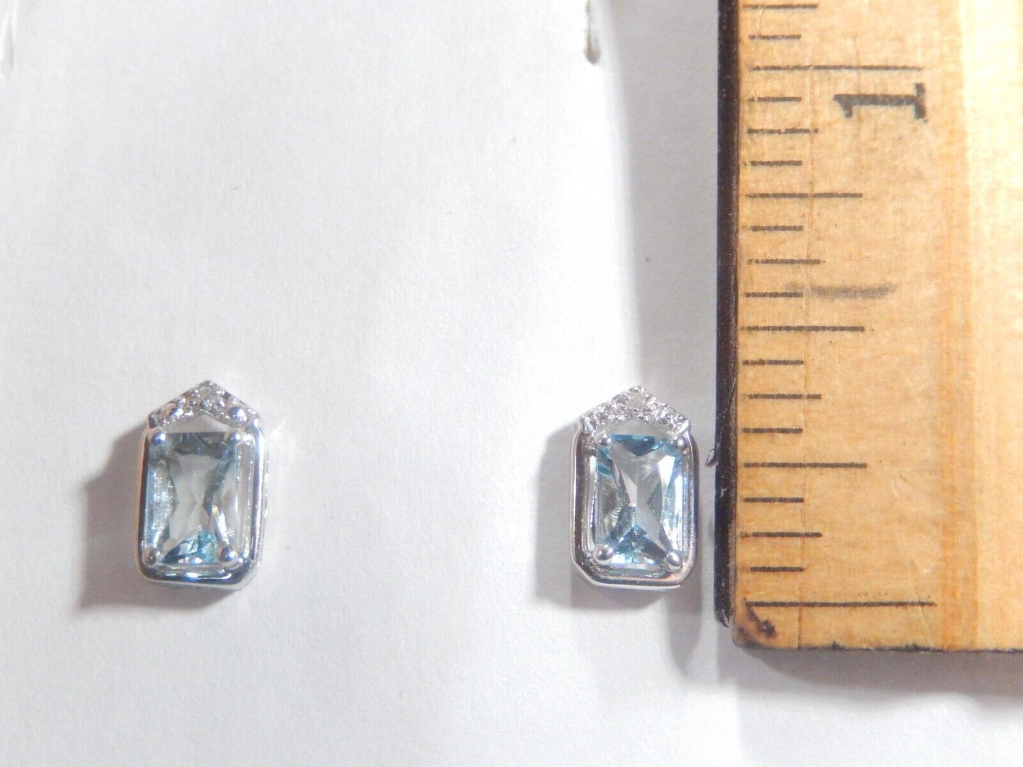 14K White Gold Emerald Cut  Aquamarine and Diamond Earrings