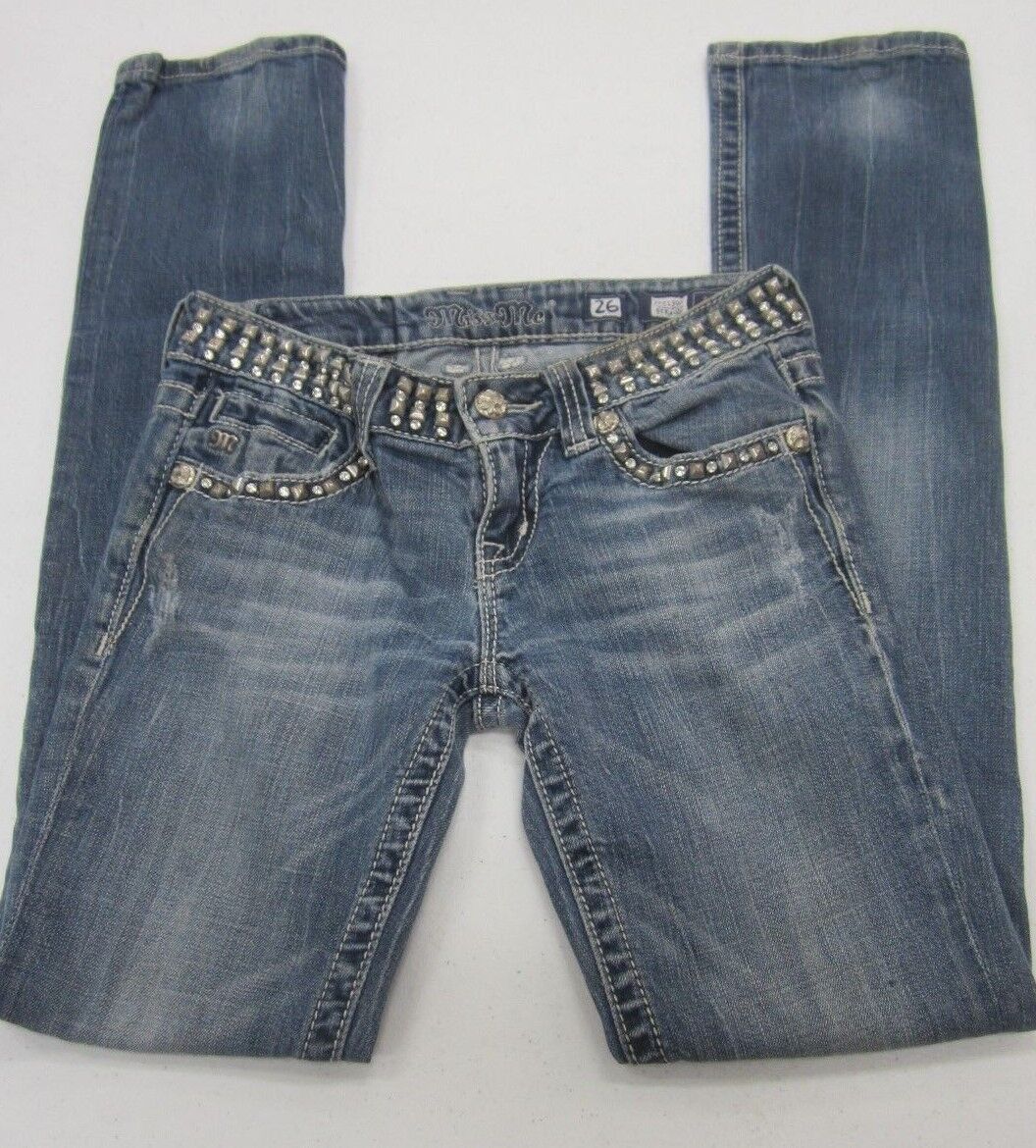 Miss Me JP5130ST Straight Studded Rhinestone Stretch Blue Jeans size 26 x 32