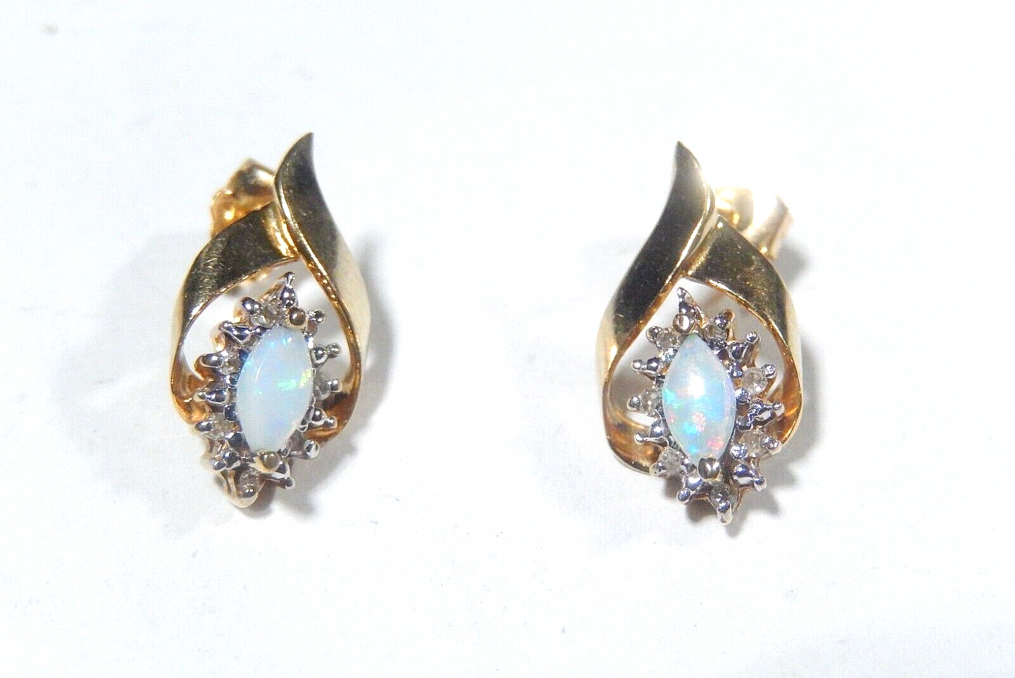*VINTAGE* 10k Yellow Gold Marquise Opal And Diamond Halo Earrings