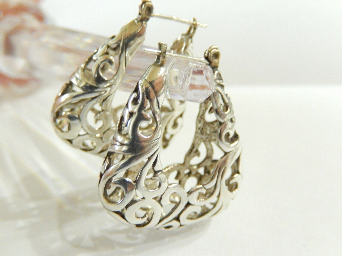 *VINTAGE*  Thick Sterling Silver  Filigree Very Nice Hoop Earrings 1.25" x 1"