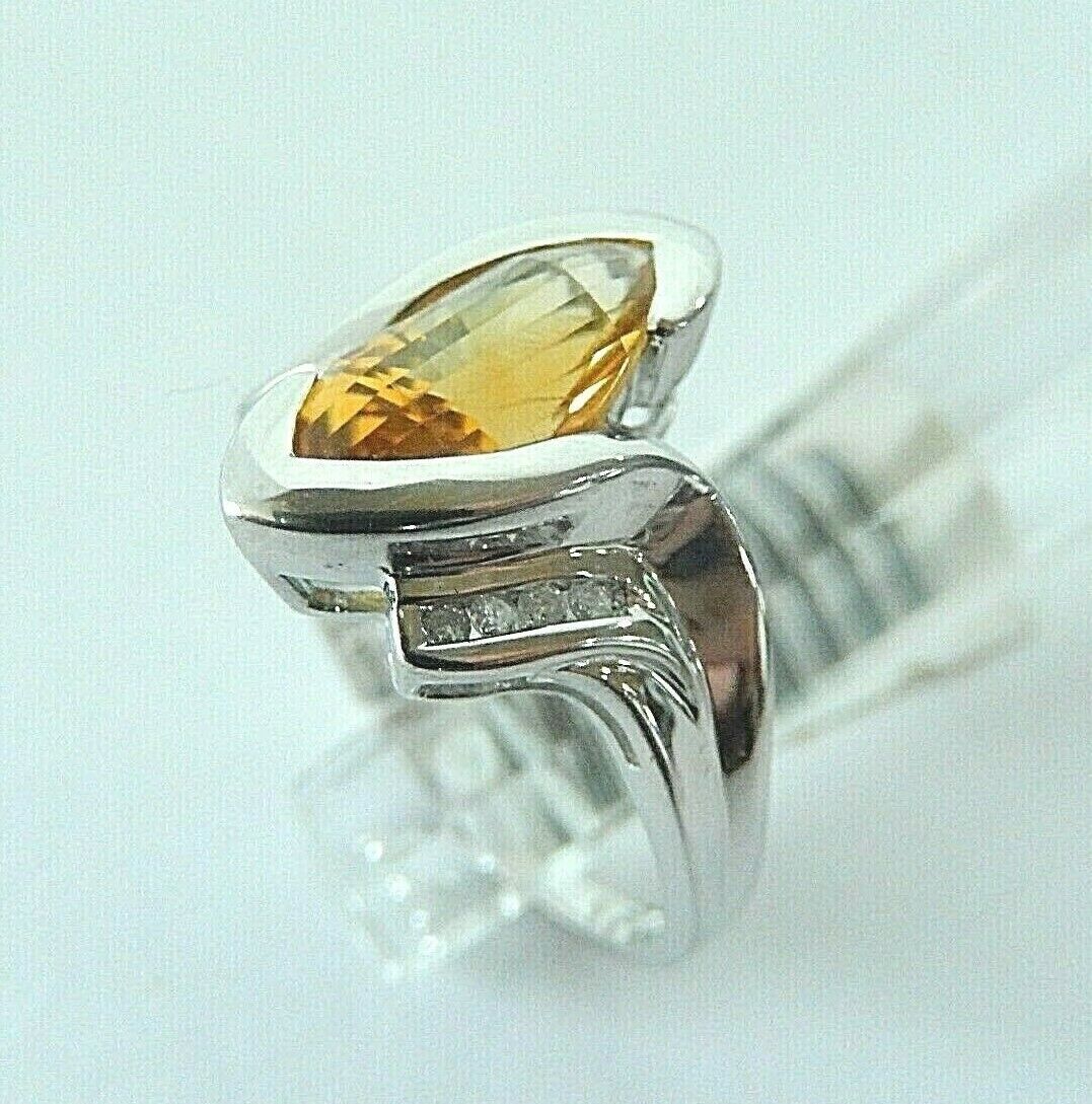 14K White Gold 1.75 CT Fancy Cut Citrine & Diamonds Ring Size 8.25