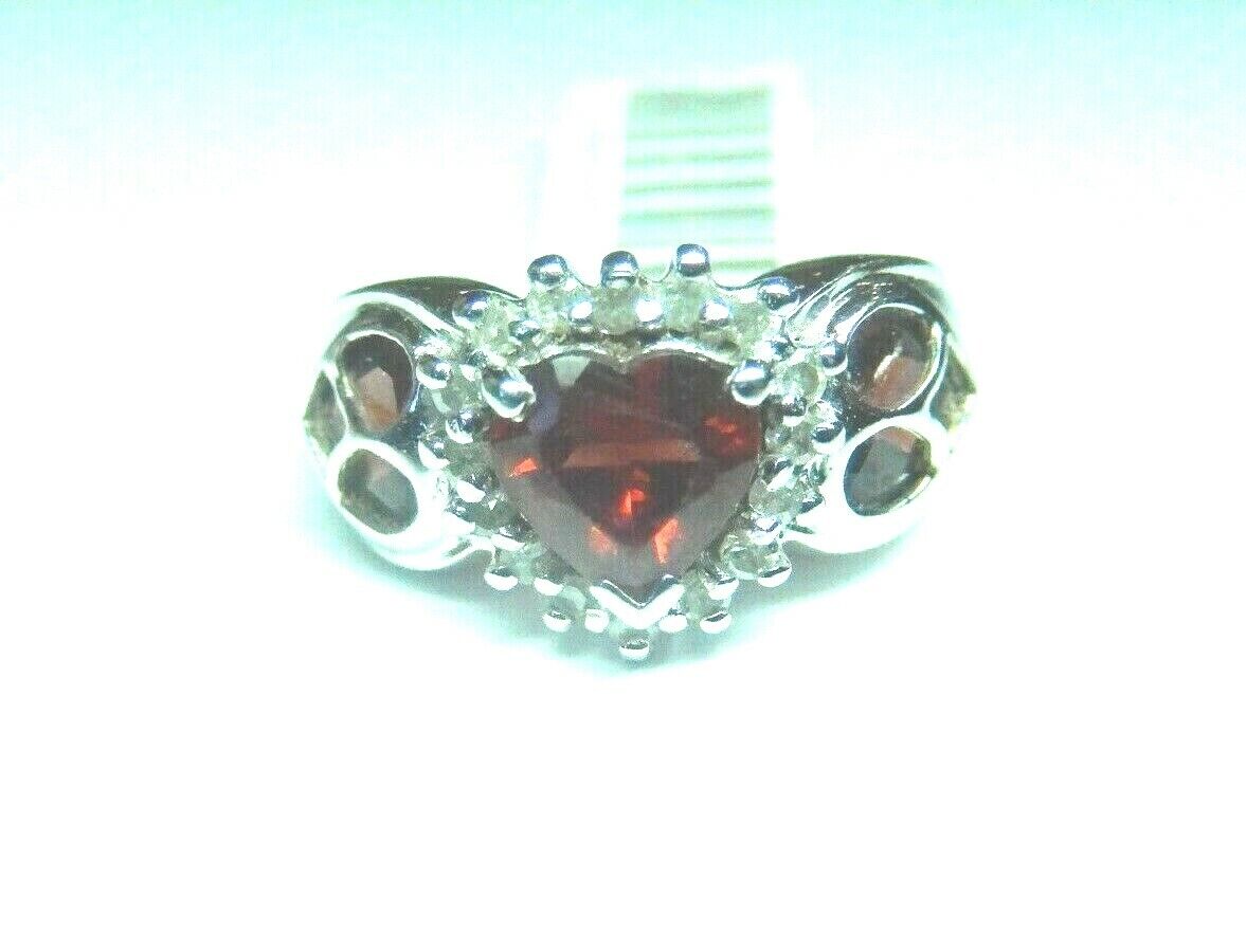 3.20 TCW Heart Cut Red Garnet & Diamond Halo Ring 10k White Gold Size 6.75