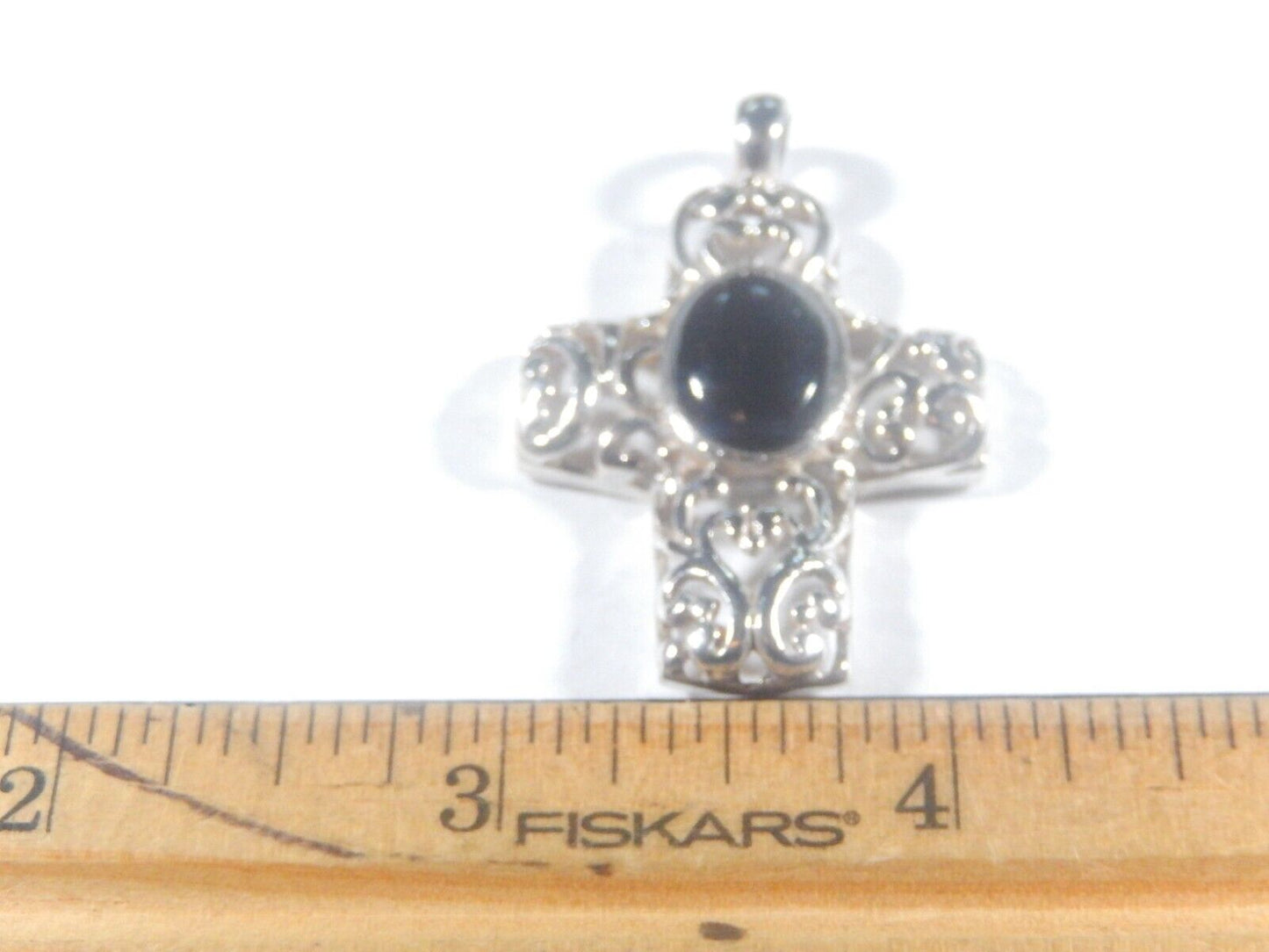 *VINTAGE*  Sterling Silver Filigree Black Onyx Cross Pendant-1.75" x 1.25"